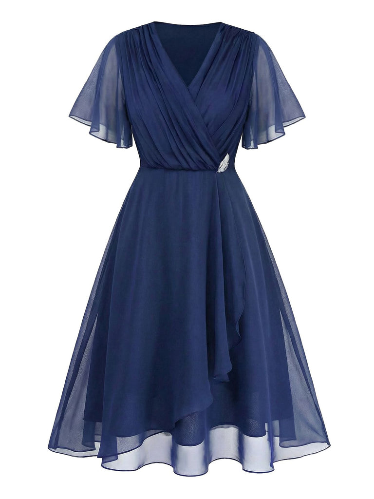 [Übergröße] Marineblau 1940s Brosche Chiffon Wickel Kleid