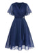 [Übergröße] Marineblau 1940s Brosche Chiffon Wickel Kleid