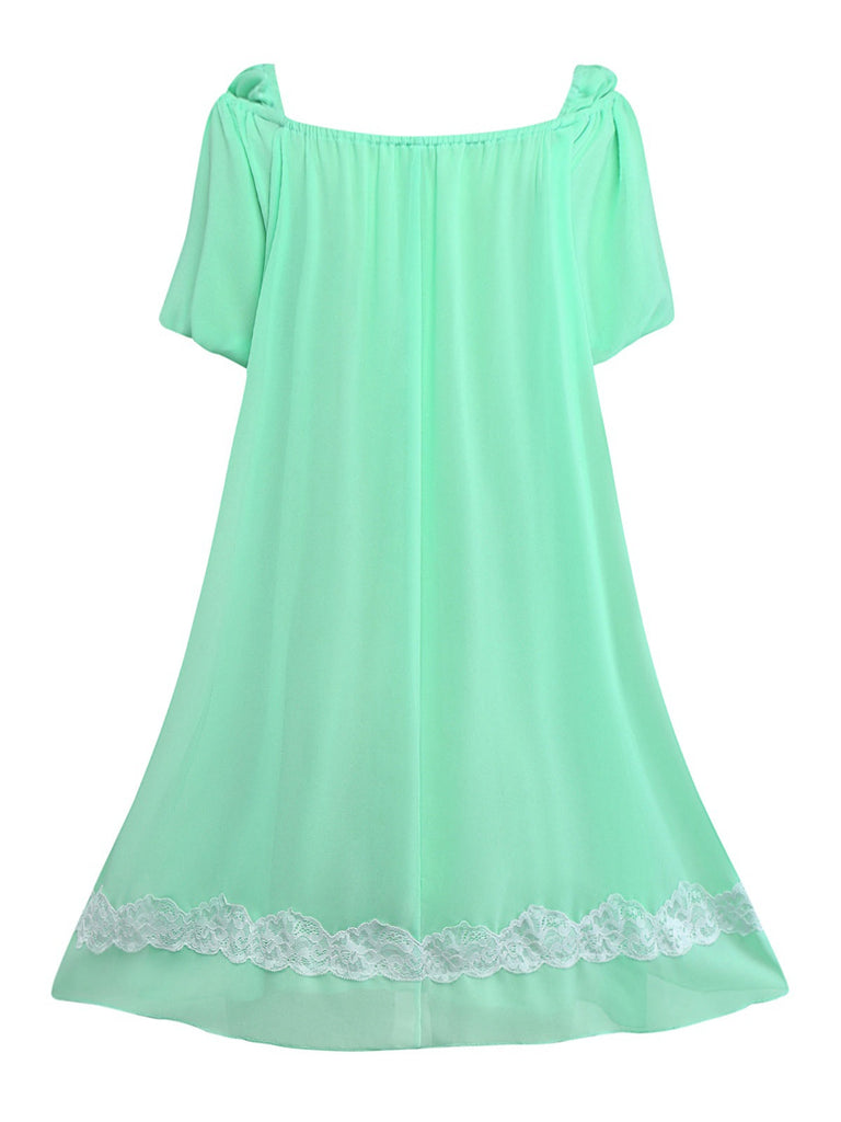 Grün 1970er Spitze Puffärmel Babydoll Kleid
