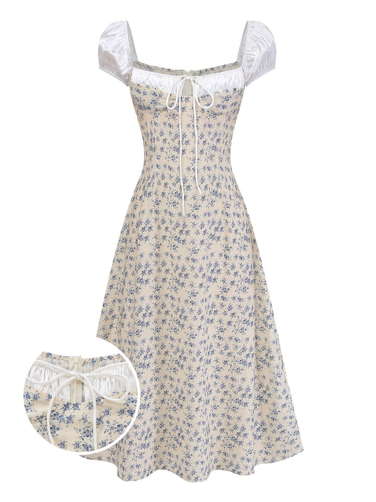 Blau 1940er Blumen Farbblock Schleife Kleid