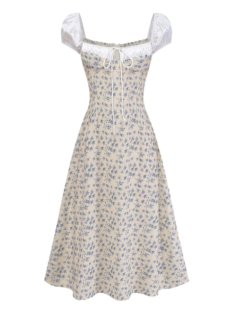 Blau 1940er Blumen Farbblock Schleife Kleid