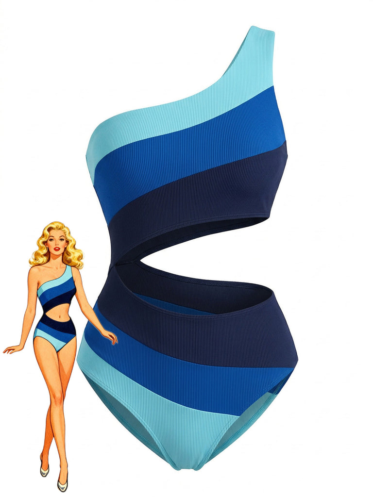 Blau-marineblau gestreifter Badeanzug mit Modelillustration auf weißem Hintergrund