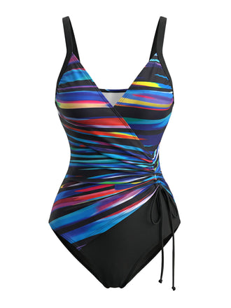 Blauer 1940er Farbblock Streifen Kordelzug Einteiliger Badeanzug