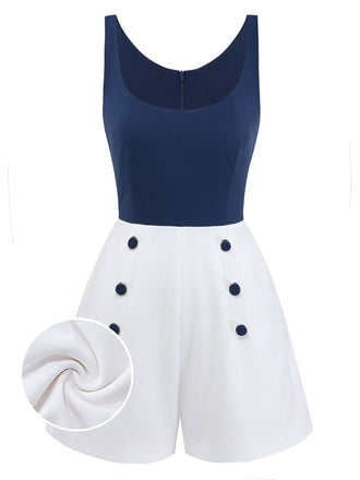 Blau 1940er Farbblock U-Ausschnitt Romper