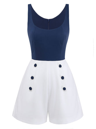 Blau 1940er Farbblock U-Ausschnitt Romper