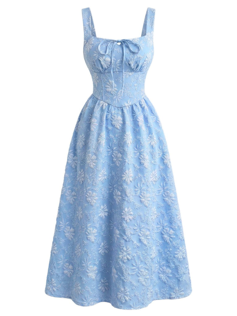 Blaues 1940er Karree Ausschnitt Empire Taille Jacquard Gesmoktes Kleid