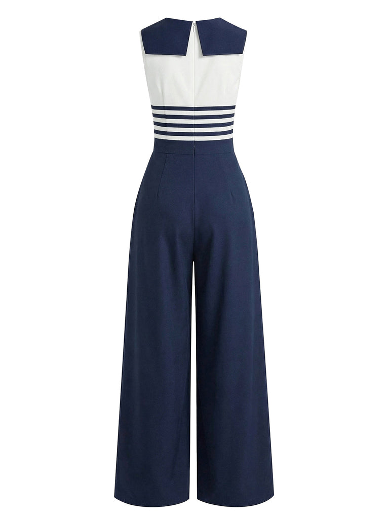 Marineblauer und weißer Jumpsuit mit gestreiftem Oberteil auf weißem Hintergrund