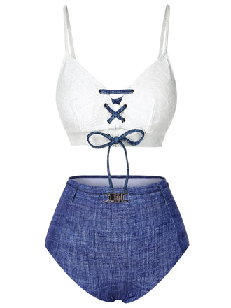 Blau 1940er Schnürung Halter Schein-Denim Bikini Set