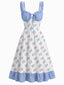 [Vorverkauf] Blau 1950er Blumen Gingham Kariert Träger Kleid