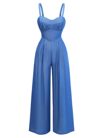 Blauer 1950er-Denim-Spaghetti-Träger-Gerafft-Jumpsuit