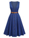 Blau 1950er Jeansstoff Gürtel Midi Kleid