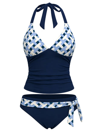 Blaues, kariertes Tankini-Set mit Raffungen im Stil der 1950er Jahre – Vintage-Mode, Retro-Stil