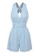 Blauer, gestreifter, ärmelloser Jumpsuit im Stil der 1950er Jahre mit V-Ausschnitt und gekreuzten Gürteln – Vintage-Jumpsuit, Retro-Mode