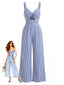 Blau 1950er Streifen Verdreht Cutout V-Ausschnitt Jumpsuit