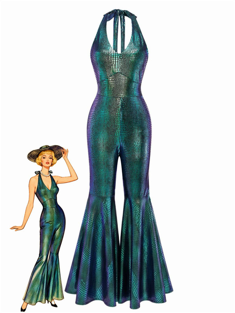 Metallicgrüner und blauer Jumpsuit mit Modelillustration auf weißem Hintergrund