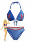 Blau 1960er Hummer Print Streifen Triangle Bikini Set