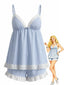 Blau 1960er Nadelstreifen Spitze Besatz Babydoll Pyjama Set