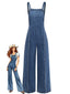 Blau 1970er Jeansstoff Weites Bein Overalls Ausgefranst Jumpsuit