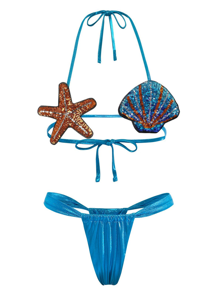 Blau 1970er Muschel & Seestern Bikini Set