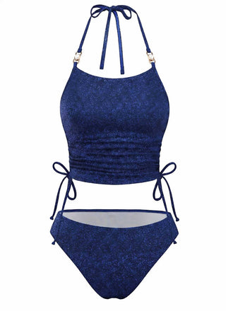 Vorderansicht des marineblauen Glitzer-Tankini-Sets mit verstellbaren Neckholder-Trägern und gerafftem Oberteil.