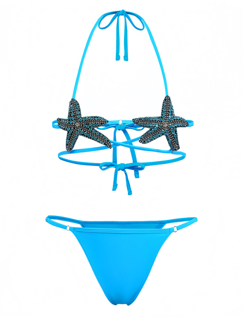 Blaues zweiteiliges Bikini-Set mit Seesternmuster aus den 1980er Jahren 2