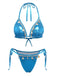 Glänzendes blaues Metallic-Bikini-Set im Stil der 1980er Jahre mit Muscheldetails, perfekt für einen glamourösen Retro-Strandlook oder einen sommerlichen Poolurlaub.