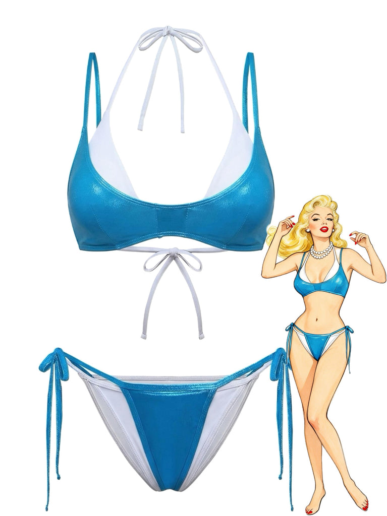 Blauer Bikini mit hohem Bund im Stil der 1950er Jahre – Vintage-Mode, Retro-Stil