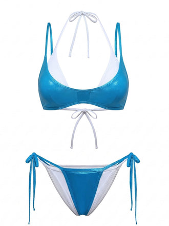 Blauer Bikini mit hohem Bund im Stil der 1950er Jahre – Vintage-Mode, Retro-Stil
