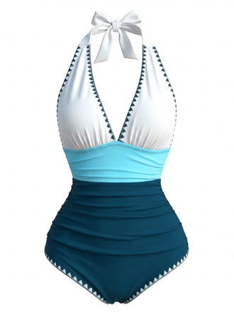 Blau & Weiß 1950er Zigzag bestickt V-Ausschnitt Bademode