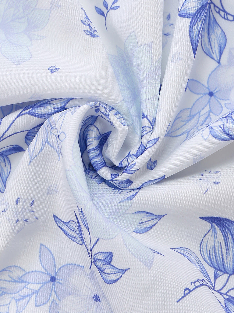 Blaues, ärmelloses Midikleid mit Blumenmuster im Stil der 1950er Jahre mit tiefem V-Ausschnitt und Korsett-Design – Stoff-Nahaufnahme