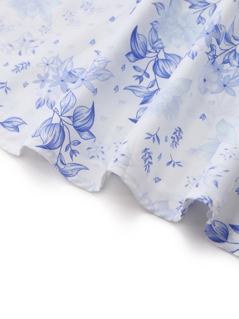 Blaues, ärmelloses Midikleid im Stil der 1950er Jahre mit Blumenmuster und tiefem V-Ausschnitt, Korsett-Detail am Saum