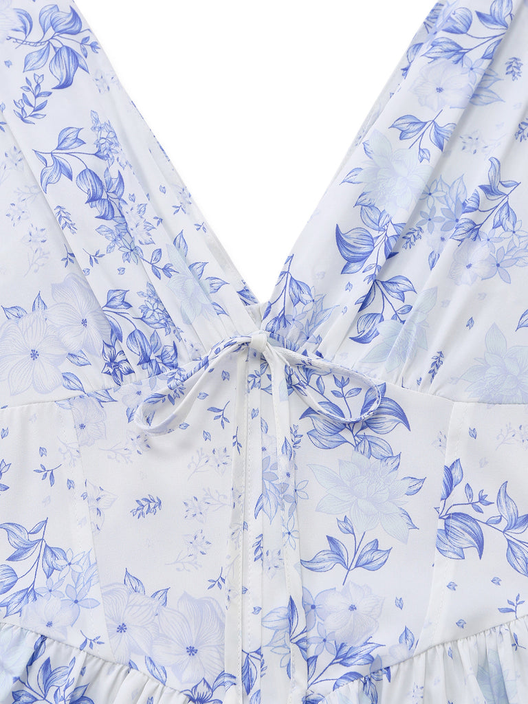 Blaues, ärmelloses Midikleid mit Blumenmuster im Stil der 1950er Jahre, tief ausgeschnittener V-Ausschnitt, Korsett-Design, Nahaufnahme