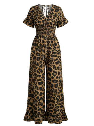 Brauner Leoparden-Jumpsuit aus den 1930er-Jahren mit Rüschen, V-Ausschnitt und Empire-Taille – Vintage-Jumpsuit, Retro-Mode