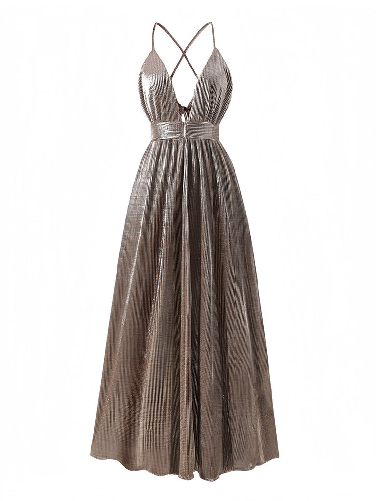 Elegantes, braunes, metallisch schimmerndes Abendkleid im Stil der 1930er Jahre mit tiefem V-Ausschnitt und Cut-out-Details, ideal für Vintage-Partys und formelle Feierlichkeiten.