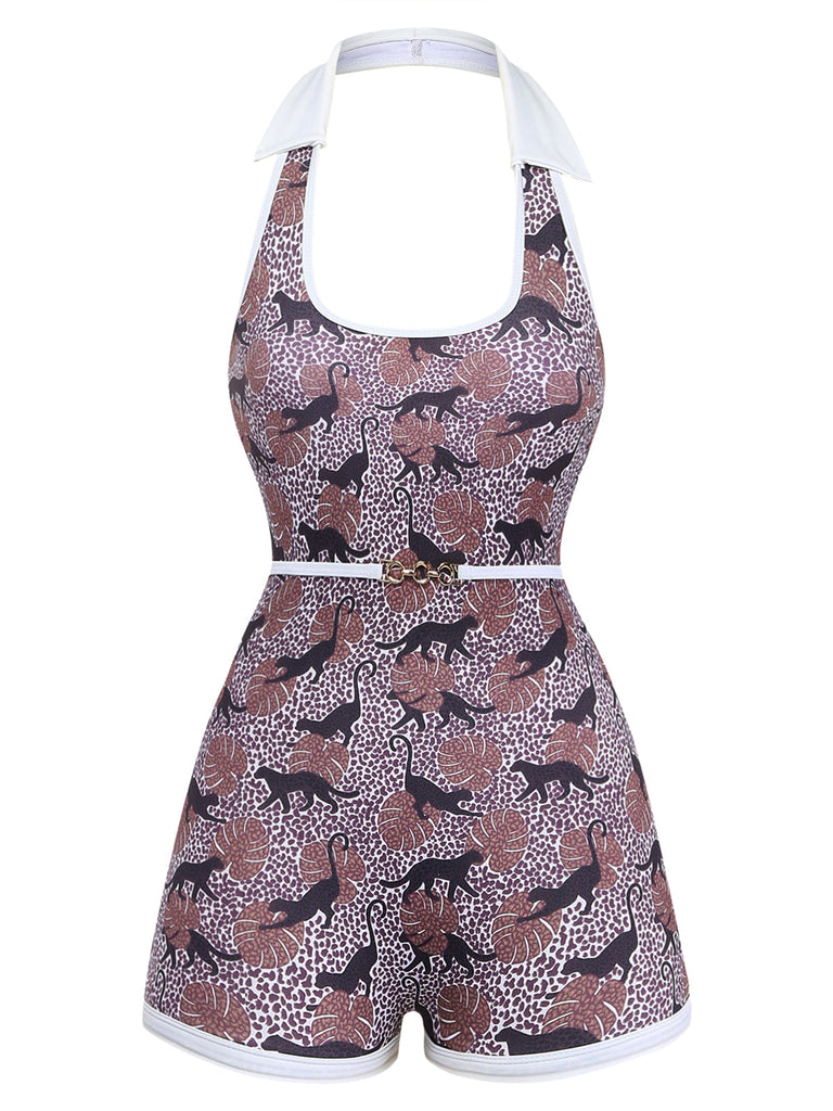 Brauner Badeanzug im Leoparden-Neckholder-Patchwork-Stil der 1950er Jahre