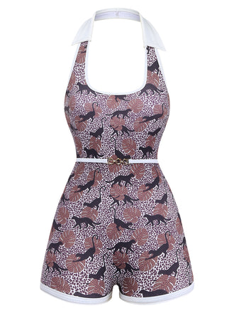 Brauner Badeanzug im Leoparden-Neckholder-Patchwork-Stil der 1950er Jahre