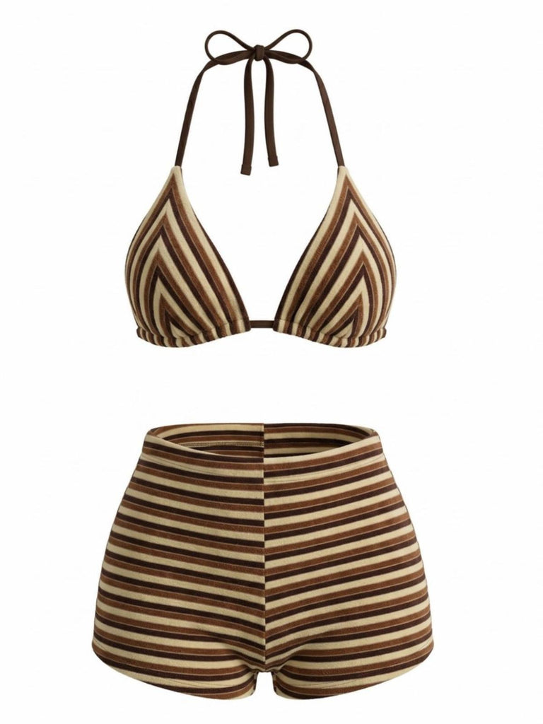 Braun 1950er Streifen Frottee Halter Bikini Set