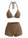 Braun 1950er Streifen Frottee Halter Bikini Set