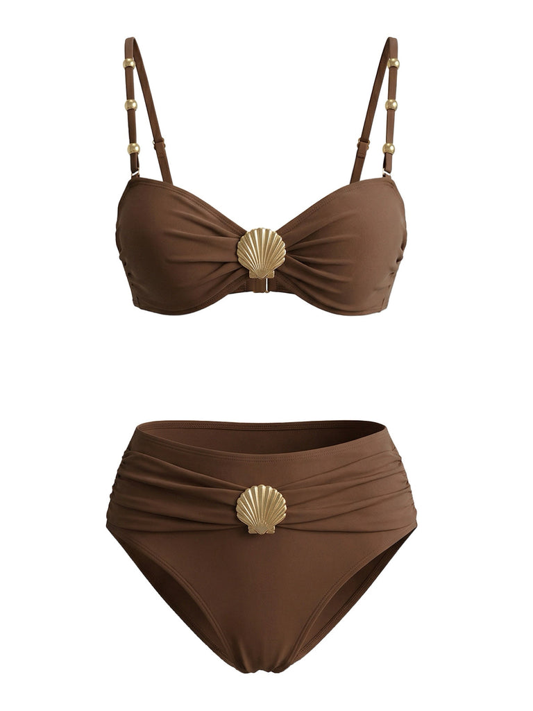 Braunes Gerafft Bikini-Set aus den 1970er Jahren mit Metallmuscheldekor