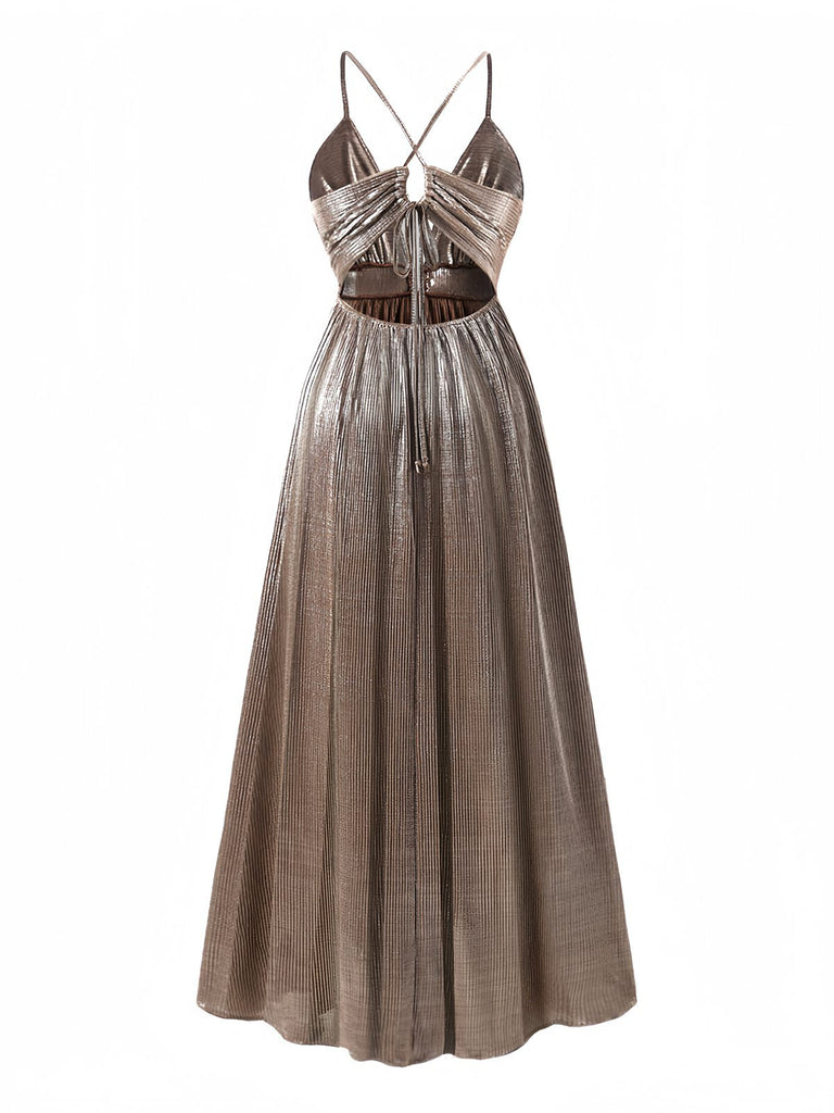 Metallic-Abendkleid mit Cut-out-Design auf weißem Hintergrund