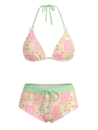 Mehrfarbiges 1950er Neckholder-Bikini-Set mit V-Ausschnitt und Kariert-Blumenmuster