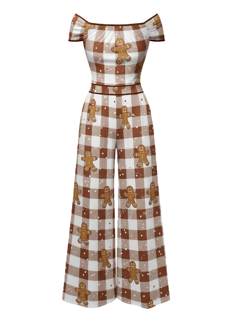 Braun 1960er Schulterfrei Lebkuchen Jumpsuit