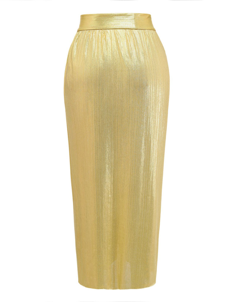 Gold 1980er Metallisch Gerafft Einteiliger Badeanzug & Cover Up