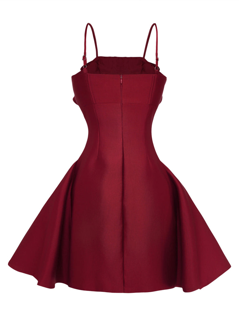 Weinrot 1960er Einfarbig 3D Blumen Kurz Kleid