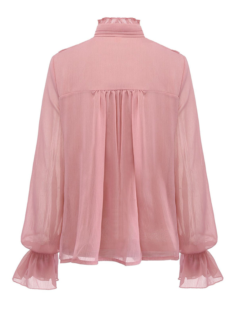 Rosa 1980er Chiffon Rüschen Hochhals Bluse