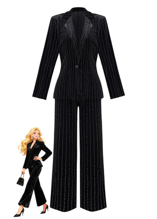 2PCS Schwarz 1960er Samt Pailletten Blazer & Hose Set