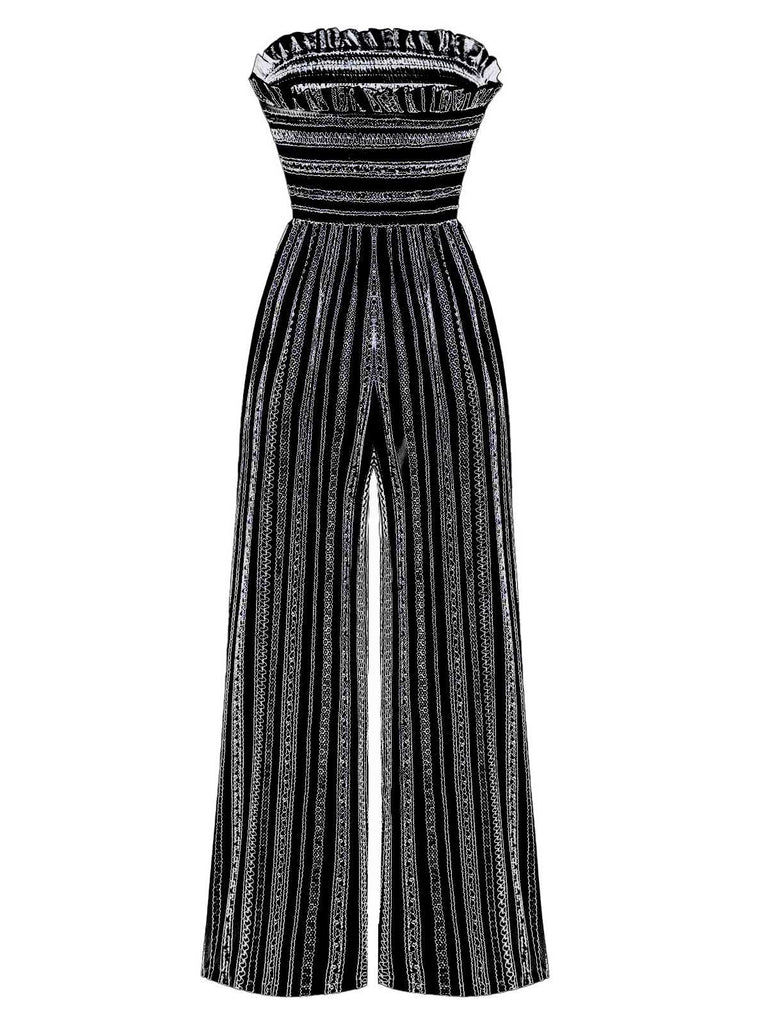 1970er Trägerlos Boho Streifen Weites Bein Jumpsuit
