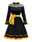 Schwarz 1940er Revers Bogen Patchwork Kleid