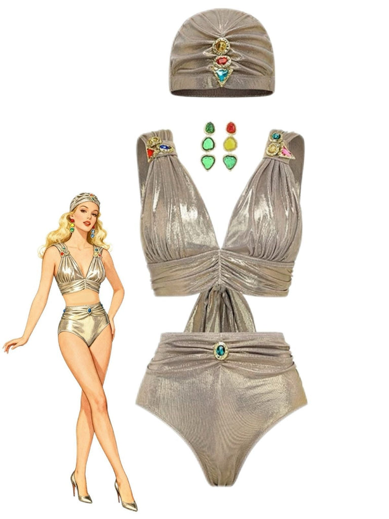 [Vorverkauf] 5PCS Gold 1980er Verziert Metallisch Ägyptisch-Inspiriert Bikini Set