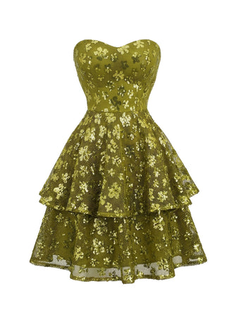Chartreuse 1960er Pailletten Abend Party Mini Kleid